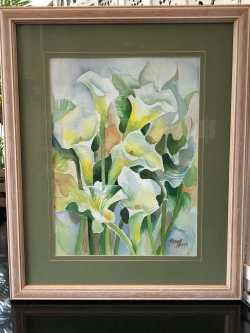WOW !!! STUNNING FRAMED WATERCOLOUR BY MAISIE NOVIS STILL LIFE OF FLOWERS - ARUM LILIES