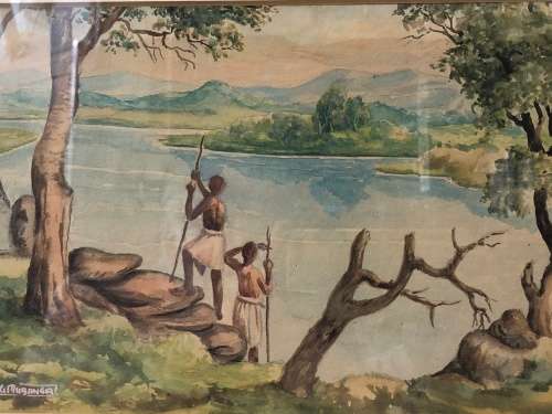 WOW !!! BEAUTIFUL ORIGINAL WATERCOLOR SIGNED MUSANGA - FRAMED BEHIND GLASS