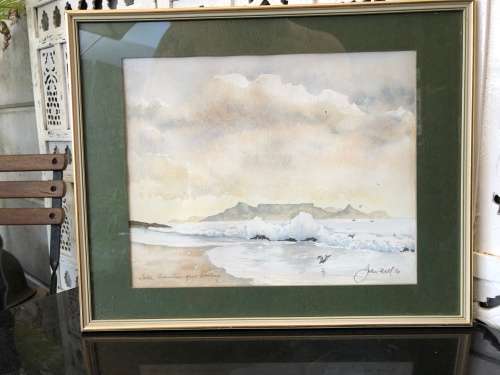 STUNNING FRAMED ORIGINAL JOHN HALL WATERCOLOR SEASCAPE TABLE MOUNTAIN FROM BLOUBERG DATED 1984