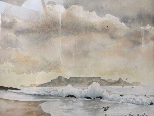 STUNNING FRAMED ORIGINAL JOHN HALL WATERCOLOR SEASCAPE TABLE MOUNTAIN FROM BLOUBERG DATED 1984