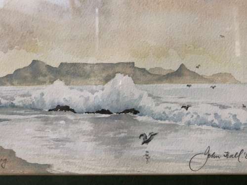 STUNNING FRAMED ORIGINAL JOHN HALL WATERCOLOR SEASCAPE TABLE MOUNTAIN FROM BLOUBERG DATED 1984