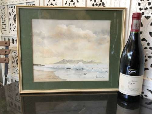 STUNNING FRAMED ORIGINAL JOHN HALL WATERCOLOR SEASCAPE TABLE MOUNTAIN FROM BLOUBERG DATED 1984