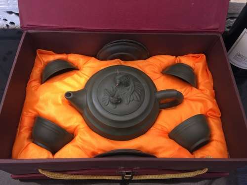 Vintage Chinese Zisha Yiyuan Traditional Limited Edition Green Koi Clay Tea Set. Gift Box
