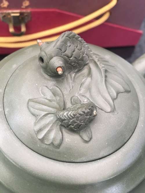 Vintage Chinese Zisha Yiyuan Traditional Limited Edition Green Koi Clay Tea Set. Gift Box
