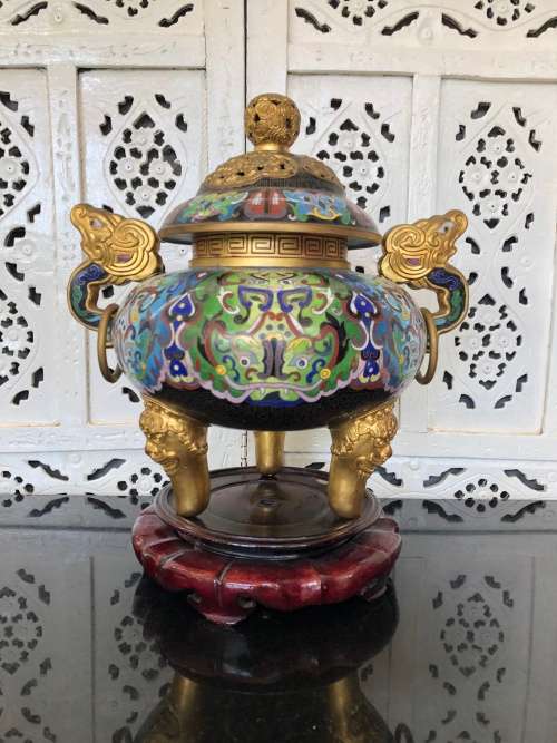 Huge Lidded Tripos Chinese Cloisonne Incense Burner
