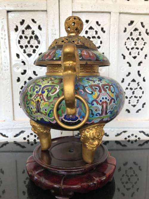 Huge Lidded Tripos Chinese Cloisonne Incense Burner