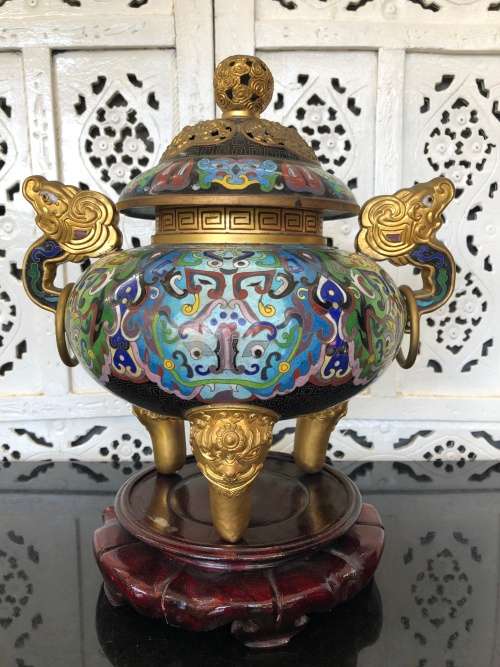 Huge Lidded Tripos Chinese Cloisonne Incense Burner