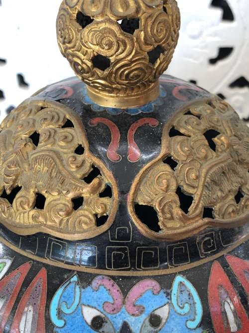 Huge Lidded Tripos Chinese Cloisonne Incense Burner