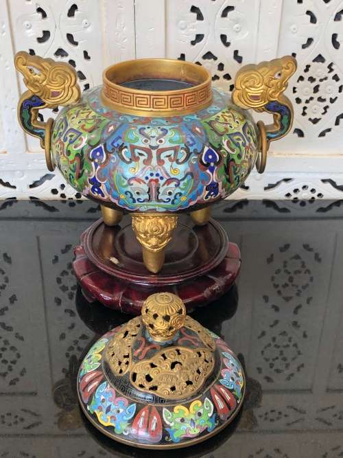 Huge Lidded Tripos Chinese Cloisonne Incense Burner
