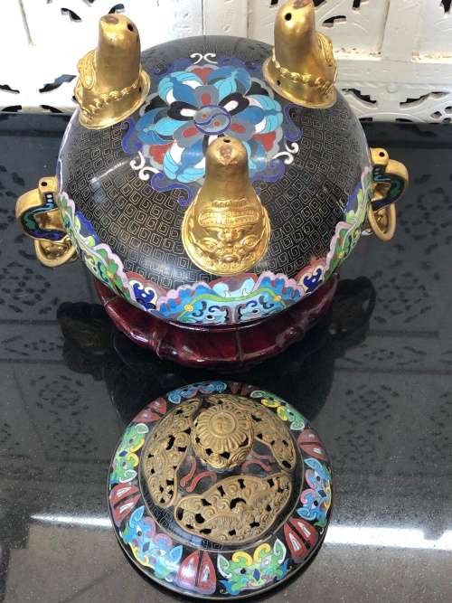 Huge Lidded Tripos Chinese Cloisonne Incense Burner