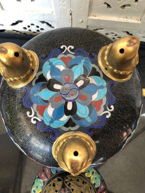 Huge Lidded Tripos Chinese Cloisonne Incense Burner