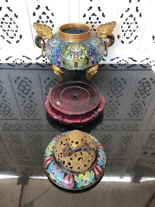 Huge Lidded Tripos Chinese Cloisonne Incense Burner
