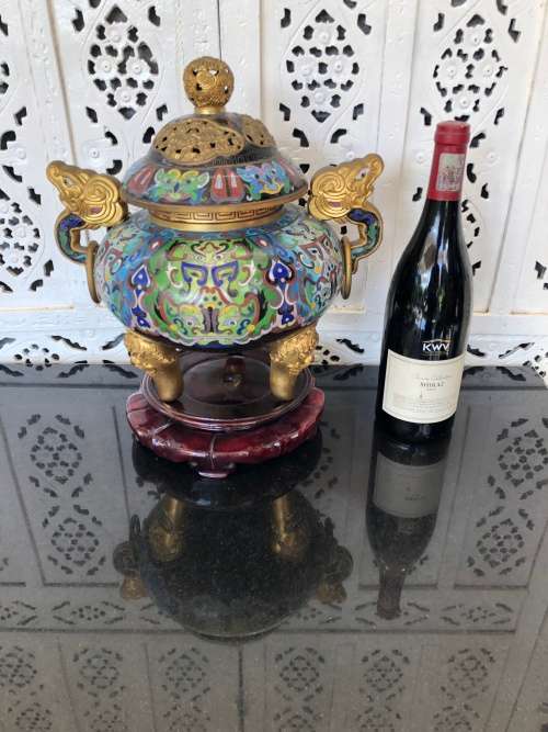 Huge Lidded Tripos Chinese Cloisonne Incense Burner