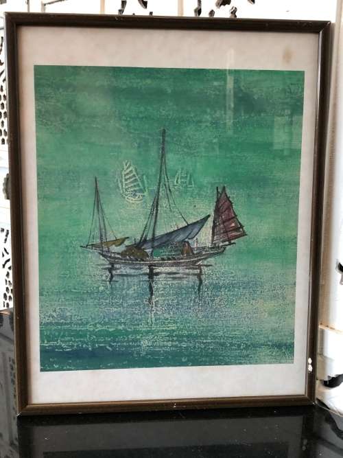 WOW !! BEAUTIFUL ORIENTAL WATERCOLOR PAINTING OF A JUNKSHIP - UNSIGNED