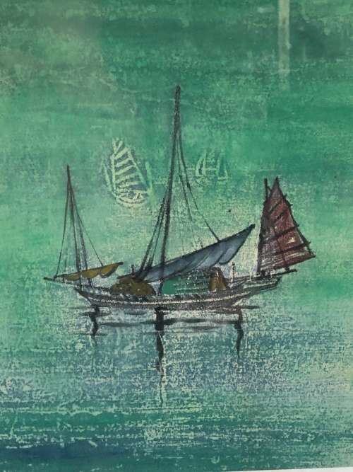 WOW !! BEAUTIFUL ORIENTAL WATERCOLOR PAINTING OF A JUNKSHIP - UNSIGNED