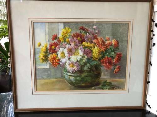 WOW !! ARNOLD STUTZ (1869-1945) SWISS ARTIST - WATERCOLOR STILL LIFE OF FLOWERS - SIGNED AND FRAMED