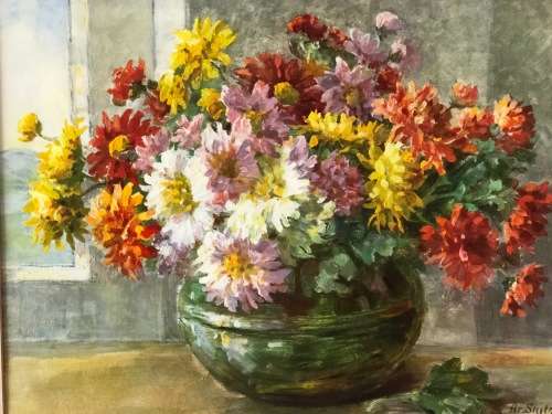 WOW !! ARNOLD STUTZ (1869-1945) SWISS ARTIST - WATERCOLOR STILL LIFE OF FLOWERS - SIGNED AND FRAMED