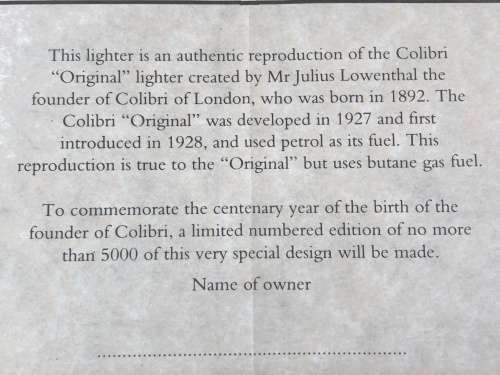 WOW !!! INCREDIBLE "CENTENARY YEAR OF COLIBRI'S FOUNDER" ORIGINAL COLIBRI LTD EDITION LIGHTER