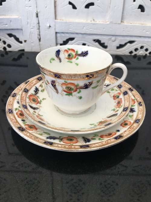 Delightful Collectible Antique Phoenix China Tuscan England Blue & Orange Tea Trio