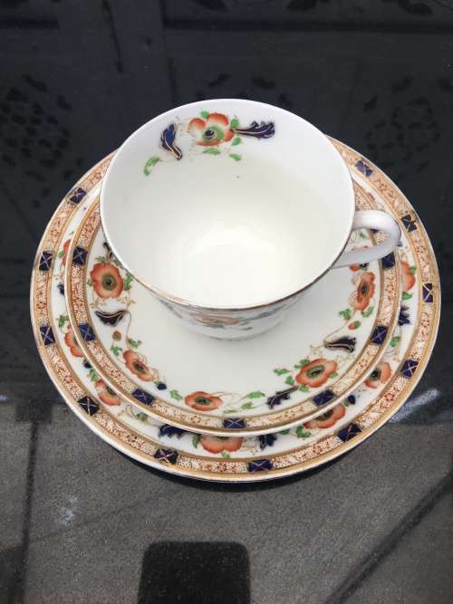 Delightful Collectible Antique Phoenix China Tuscan England Blue & Orange Tea Trio