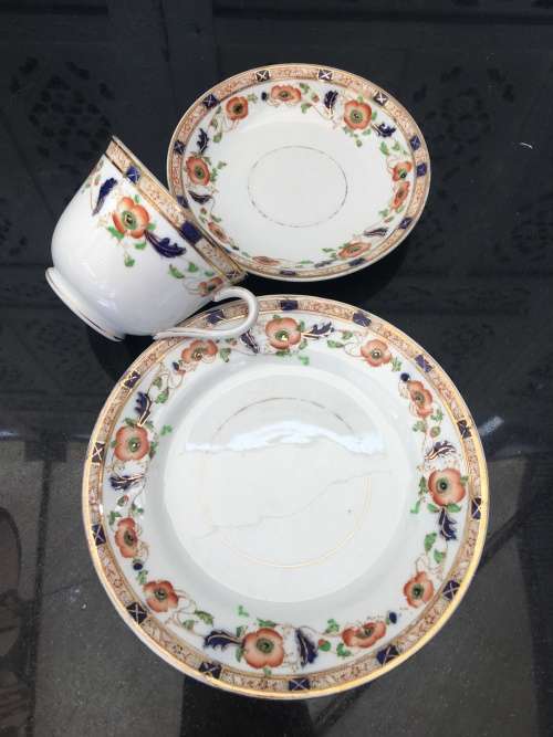 Delightful Collectible Antique Phoenix China Tuscan England Blue & Orange Tea Trio