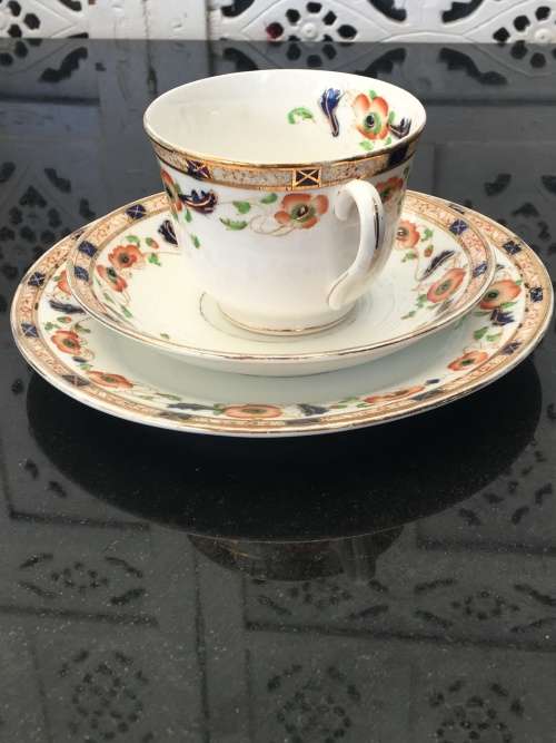 Delightful Collectible Antique Phoenix China Tuscan England Blue & Orange Tea Trio