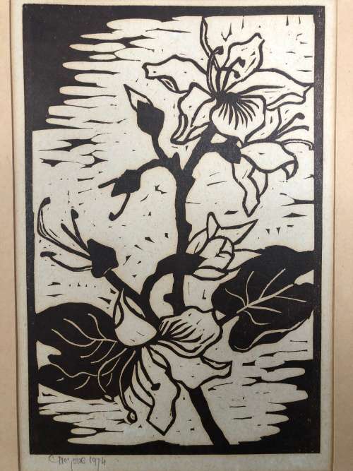WOW !!! FRAMED ORIGINAL GREGOIRE BOONZAIER  LINOCUT SIGNED IN PENCIL AND DATED 1974