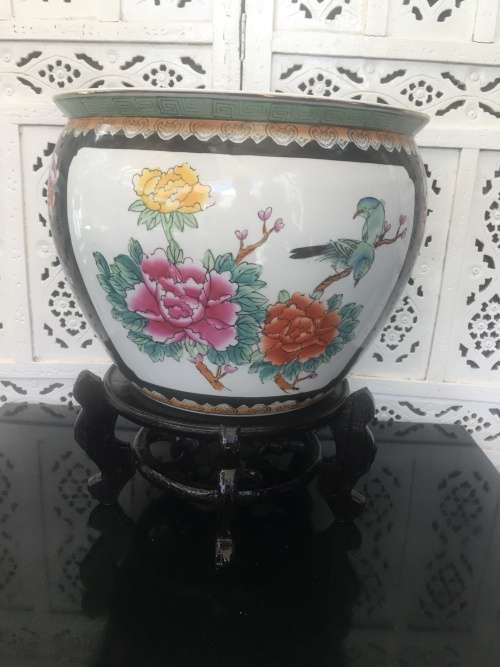 Stunning Chinese Zhongguo Zhi Zao c1970's - Large Koi Bowl on Stand,Birds & Flower & Koi
