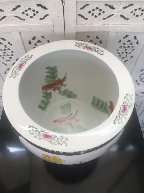 Stunning Chinese Zhongguo Zhi Zao c1970's - Large Koi Bowl on Stand,Birds & Flower & Koi