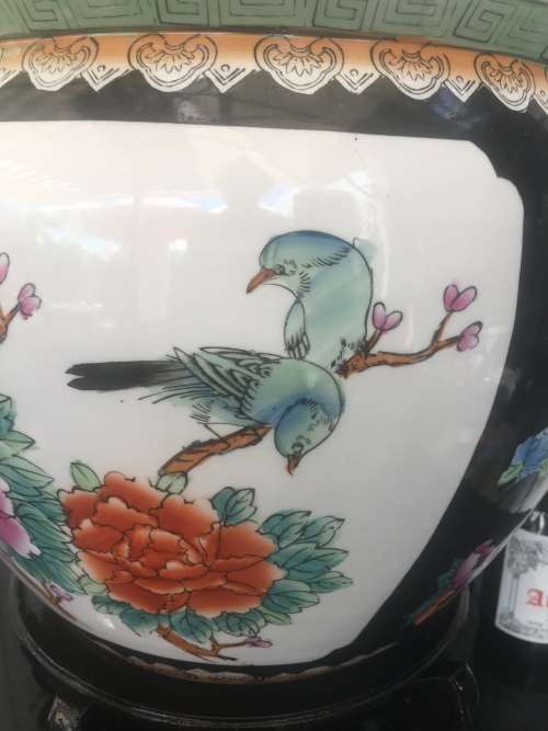 Stunning Chinese Zhongguo Zhi Zao c1970's - Large Koi Bowl on Stand,Birds & Flower & Koi