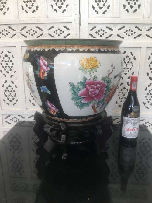 Stunning Chinese Zhongguo Zhi Zao c1970's - Large Koi Bowl on Stand,Birds & Flower & Koi