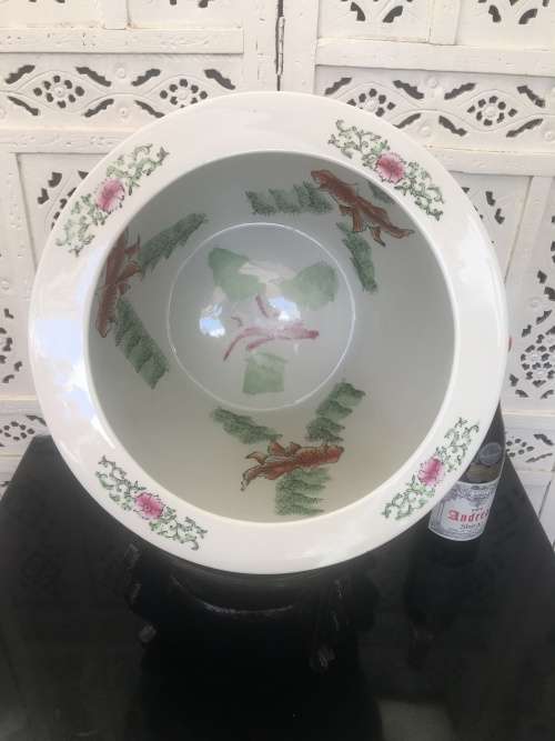 Stunning Chinese Zhongguo Zhi Zao c1970's - Large Koi Bowl on Stand,Birds & Flower & Koi