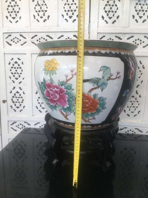 Stunning Chinese Zhongguo Zhi Zao c1970's - Large Koi Bowl on Stand,Birds & Flower & Koi