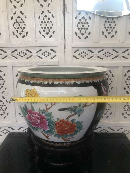 Stunning Chinese Zhongguo Zhi Zao c1970's - Large Koi Bowl on Stand,Birds & Flower & Koi