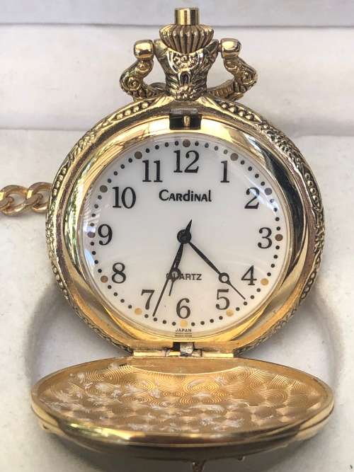 WOW !!!! STUNNING GOLD PLATED CARDINAL QUARTZ POCKET WATCH WITH FOB CHAIN - BOXED