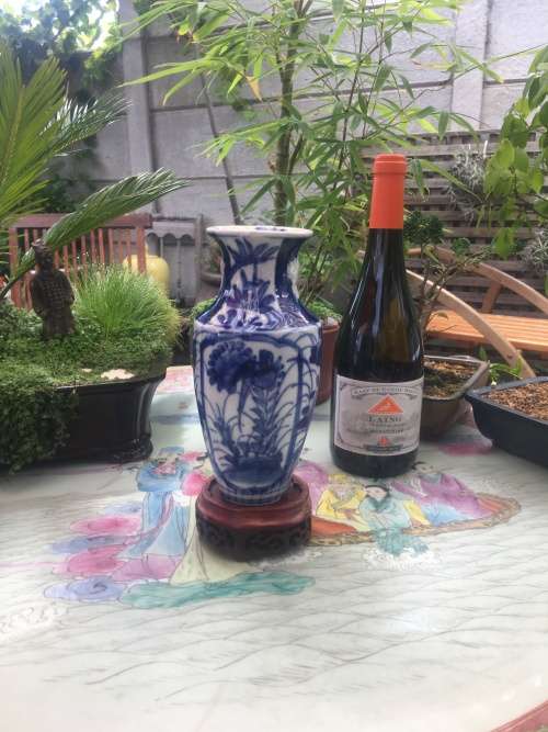 Chinese Ming Style Under Glazed Blue Hand Painted Vase - Butterflies on Rim & Raised Lions on sides