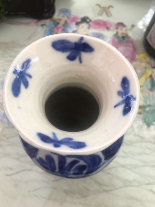 Chinese Ming Style Under Glazed Blue Hand Painted Vase - Butterflies on Rim & Raised Lions on sides