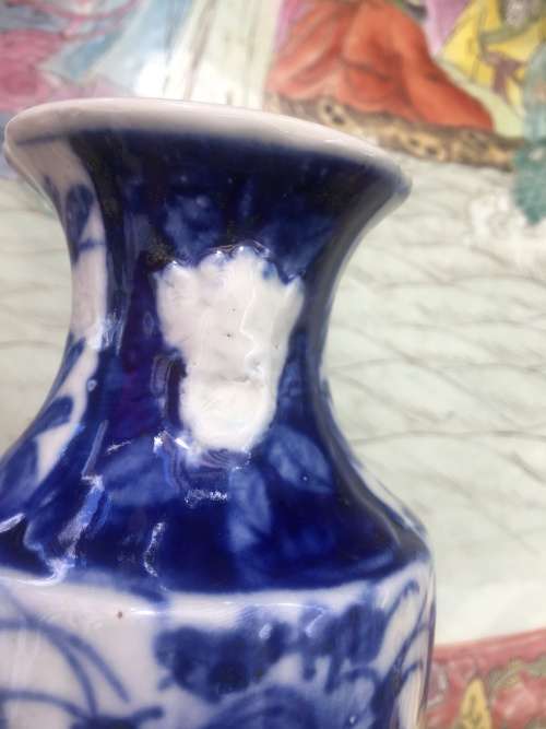 Chinese Ming Style Under Glazed Blue Hand Painted Vase - Butterflies on Rim & Raised Lions on sides