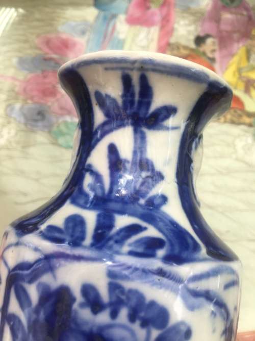 Chinese Ming Style Under Glazed Blue Hand Painted Vase - Butterflies on Rim & Raised Lions on sides