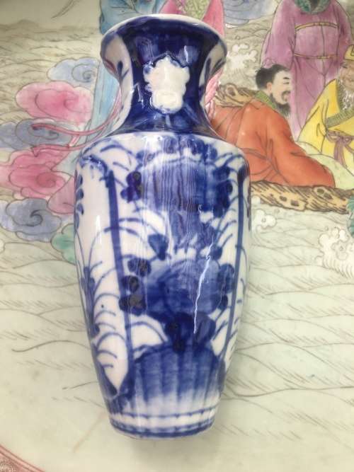 Chinese Ming Style Under Glazed Blue Hand Painted Vase - Butterflies on Rim & Raised Lions on sides
