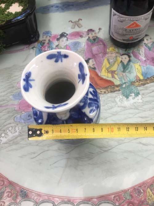 Chinese Ming Style Under Glazed Blue Hand Painted Vase - Butterflies on Rim & Raised Lions on sides