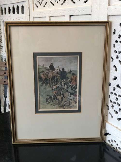 WOW !!! STUNNING HUNTING PRINT IN A GORGEOUS GOLDEN FRAME - BEHIND GLASS