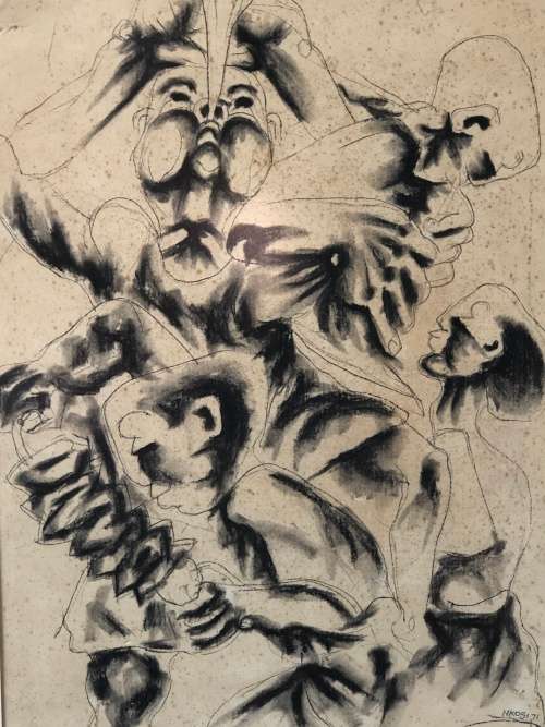 RARE INVESTMENT ART !! SA ARTIST STANLEY BONGANI NKOSI (1945 - 1988) ORIGINAL SKETCH DATED 1971