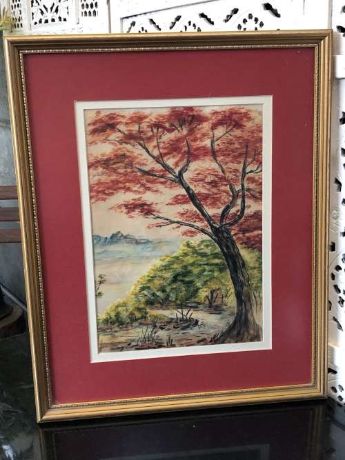 WOW !!!! STUNNING UNSIGNED FRAMED WATERCOLOR PAINTING - AUTUMN LANDSCAPE