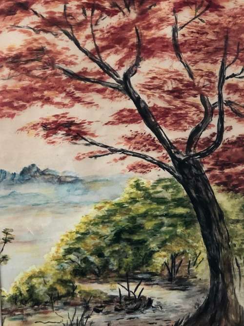 WOW !!!! STUNNING UNSIGNED FRAMED WATERCOLOR PAINTING - AUTUMN LANDSCAPE