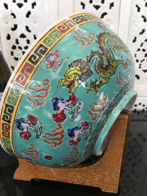Ultra Rare Collectors c1950s Chinese Dragon Enamel Hand Painted Large Bowl. Jiangxi Jingdezhen Mark