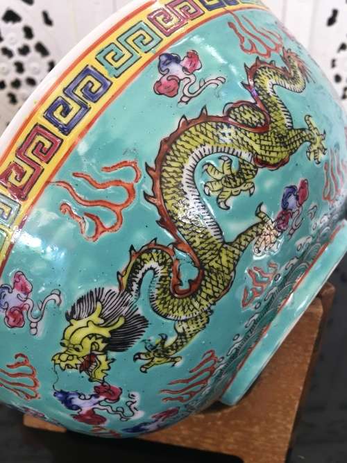 Ultra Rare Collectors c1950s Chinese Dragon Enamel Hand Painted Large Bowl. Jiangxi Jingdezhen Mark
