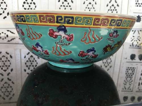Ultra Rare Collectors c1950s Chinese Dragon Enamel Hand Painted Large Bowl. Jiangxi Jingdezhen Mark