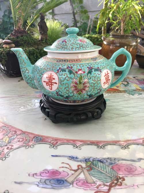 Stunning Vintage c1970s Zhongguo Zhi Zao Green Enamel Hand Painted Large Tea Pot. Lt