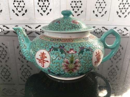 Stunning Vintage c1970s Zhongguo Zhi Zao Green Enamel Hand Painted Large Tea Pot. Lt